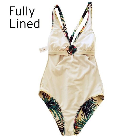 Shade & Shore Plunge Ring Detail One Piece Multi Tropical Print Swimsuit M - Picture 4 of 11